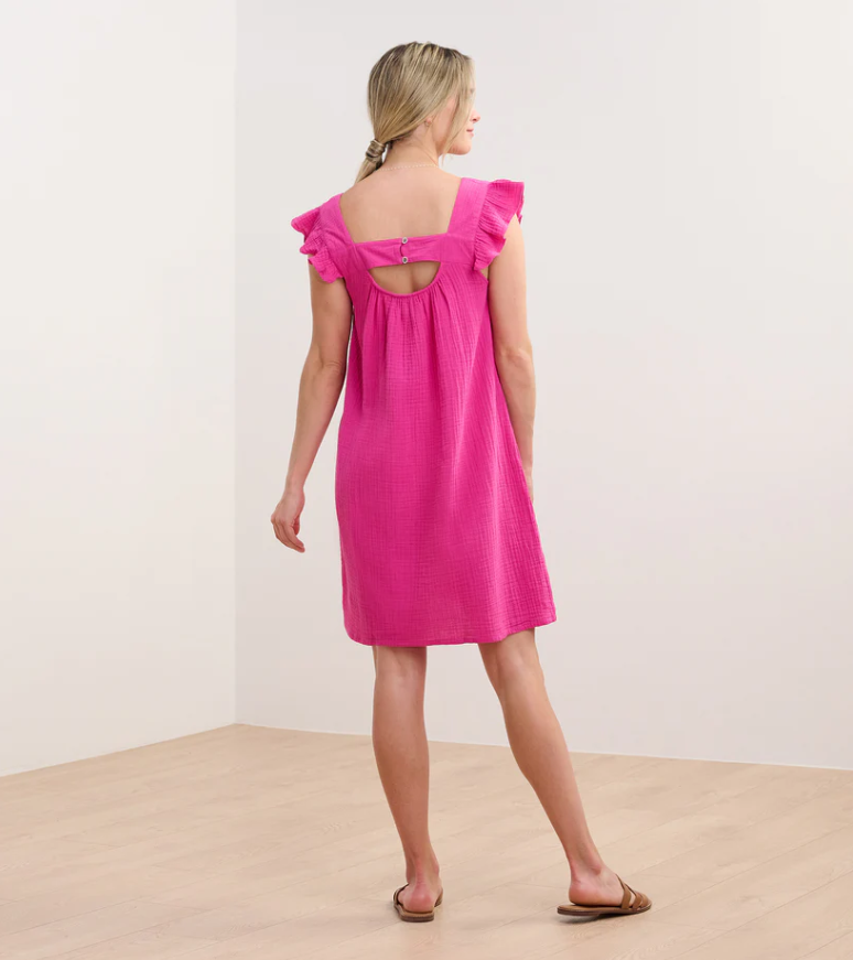 Back view of Flutter Sleeve Dress showing the cut-out back and button closure