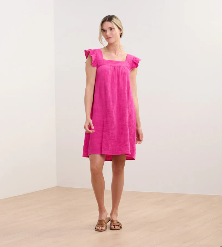 Flutter Sleeve Dress in Fuchsia – A-line dress with cut-out back and flutter sleeves