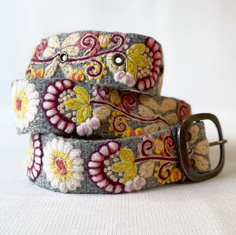 Jenny Krauss Heather Gray Floral Embroidered Wool Belt
