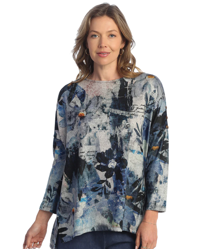 Front view of Carolina Brushed Knit Top with floral print and button shoulder detail