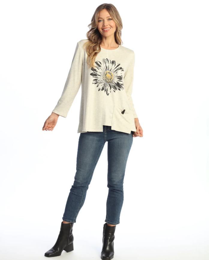 Daisy Day Tunic with large daisy graphic and asymmetrical hem