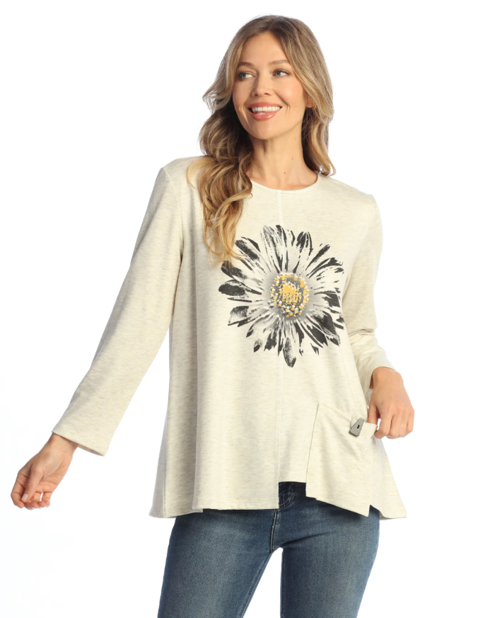 Daisy Day Tunic with large daisy graphic and asymmetrical hem