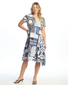 Short-sleeve dress with round neckline and dotted print