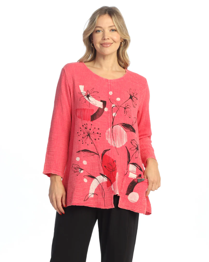 Front view of Eclectic Mineral Washed Tunic with bold print