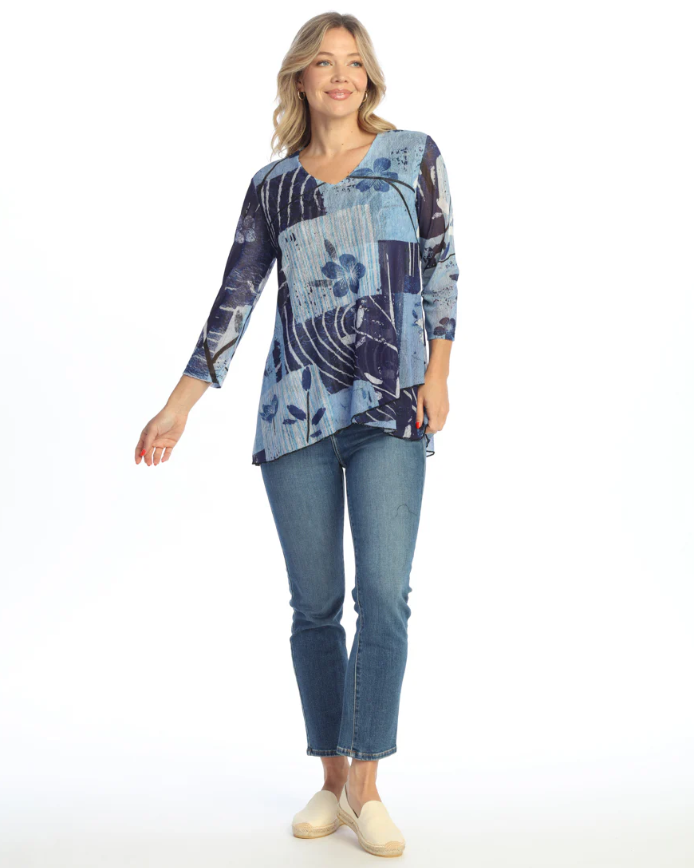 Jess & Jane Crepe Mesh V-Neck Tunic Top with layered hem