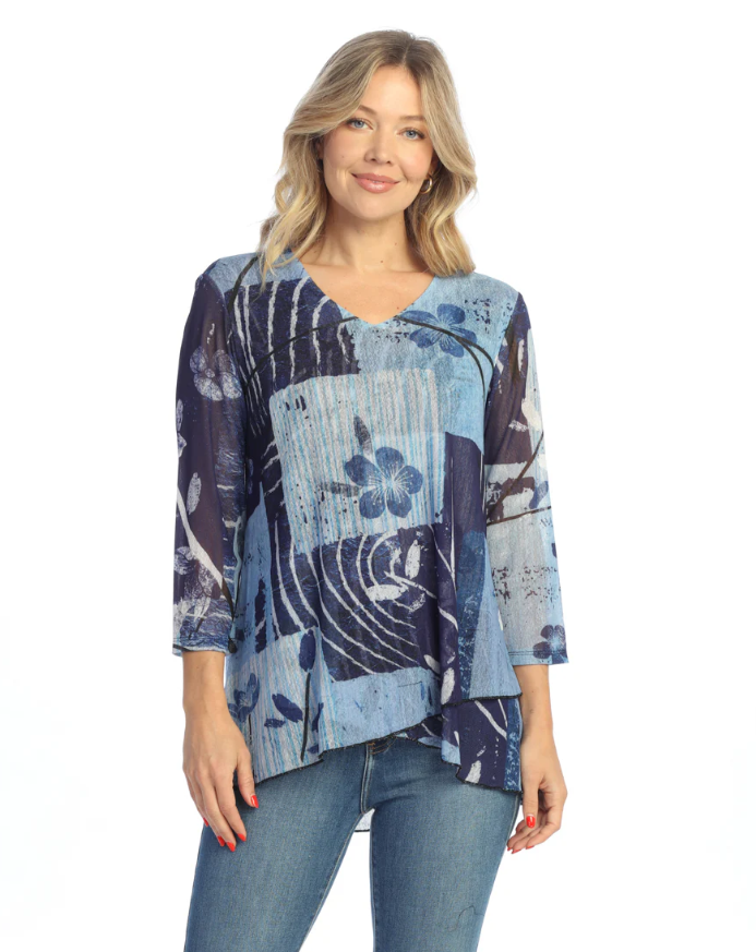 Jess & Jane Crepe Mesh V-Neck Tunic Top with layered hem