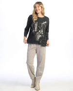 Front view of cotton tunic showing round neckline and bracelet sleeves