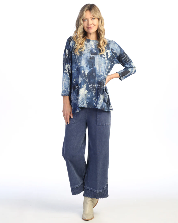 Front view of Mariposa Patch Tunic with floral sun-dyed print and patch pockets