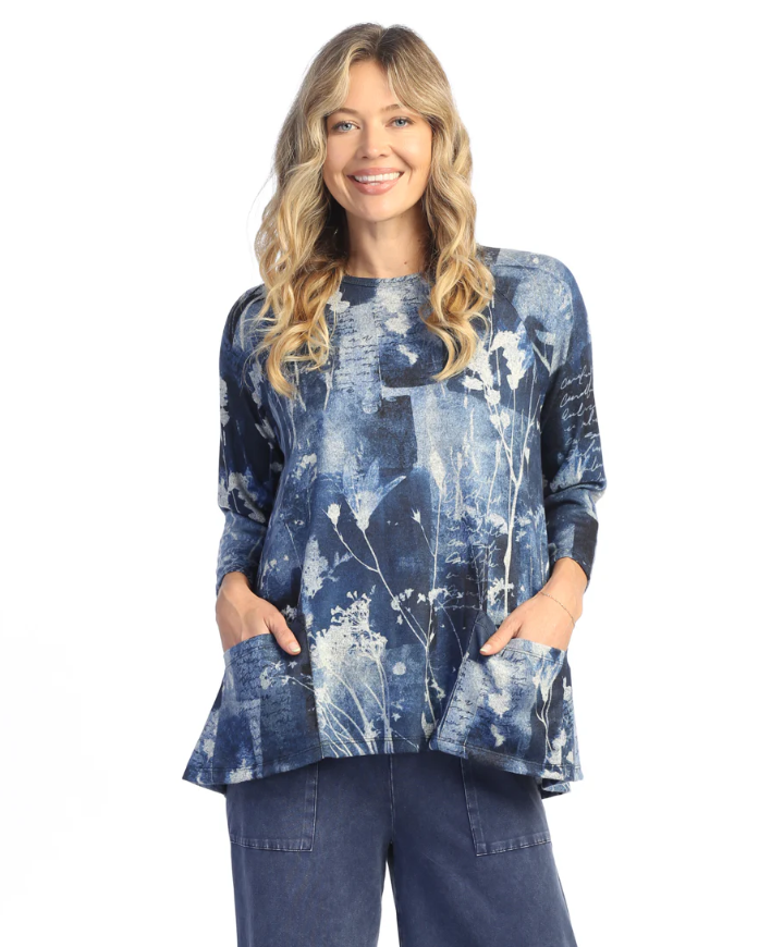 Front view of Mariposa Patch Tunic with floral sun-dyed print and patch pockets