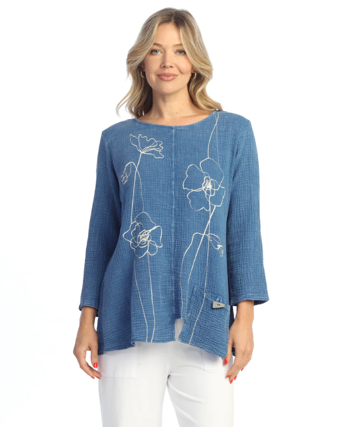 Jess & Jane Sketch Mineral Wash Tunic with asymmetric hem in inidgo