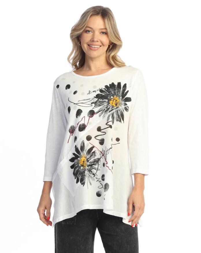Jess & Jane Retro Linen Contrast Tunic with daisy motif