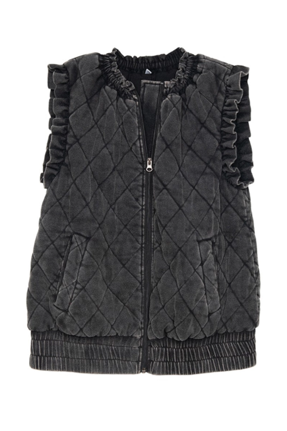 Garment Washed Quilted Ruffle Sleeve Vest