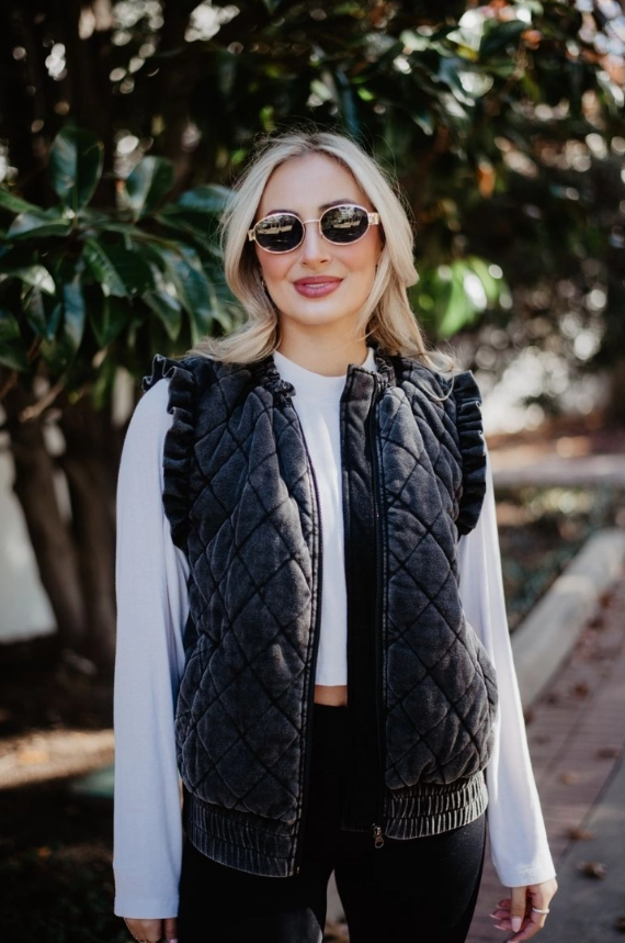 Garment Washed Quilted Ruffle Sleeve Vest