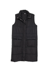 Black long quilted puffer vest with button and zipper closure