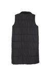 Black long quilted puffer vest with button and zipper closure