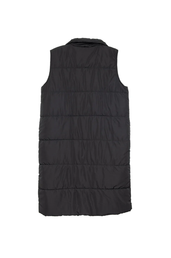 Black long quilted puffer vest with button and zipper closure