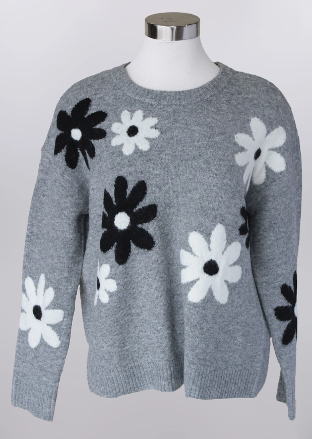 Keren Hart daisy pullover sweater in heather grey with black and white floral design