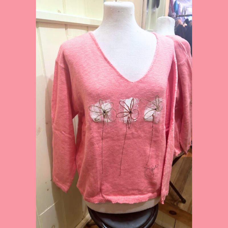 Kunky Triple Abstract Daisy V-Neck Sweater Salmon