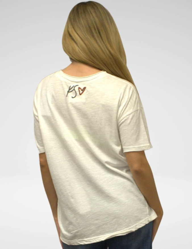 Soft, relaxed-fit Kyla Seo tee with round neckline and peace design