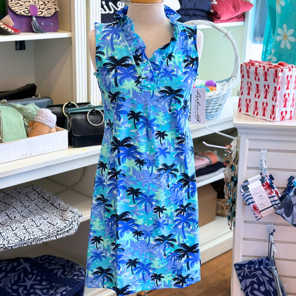 Front view of Lulu-B V-Neck Ruffle Dress – sleeveless UPF 50+ travel dress in summer print