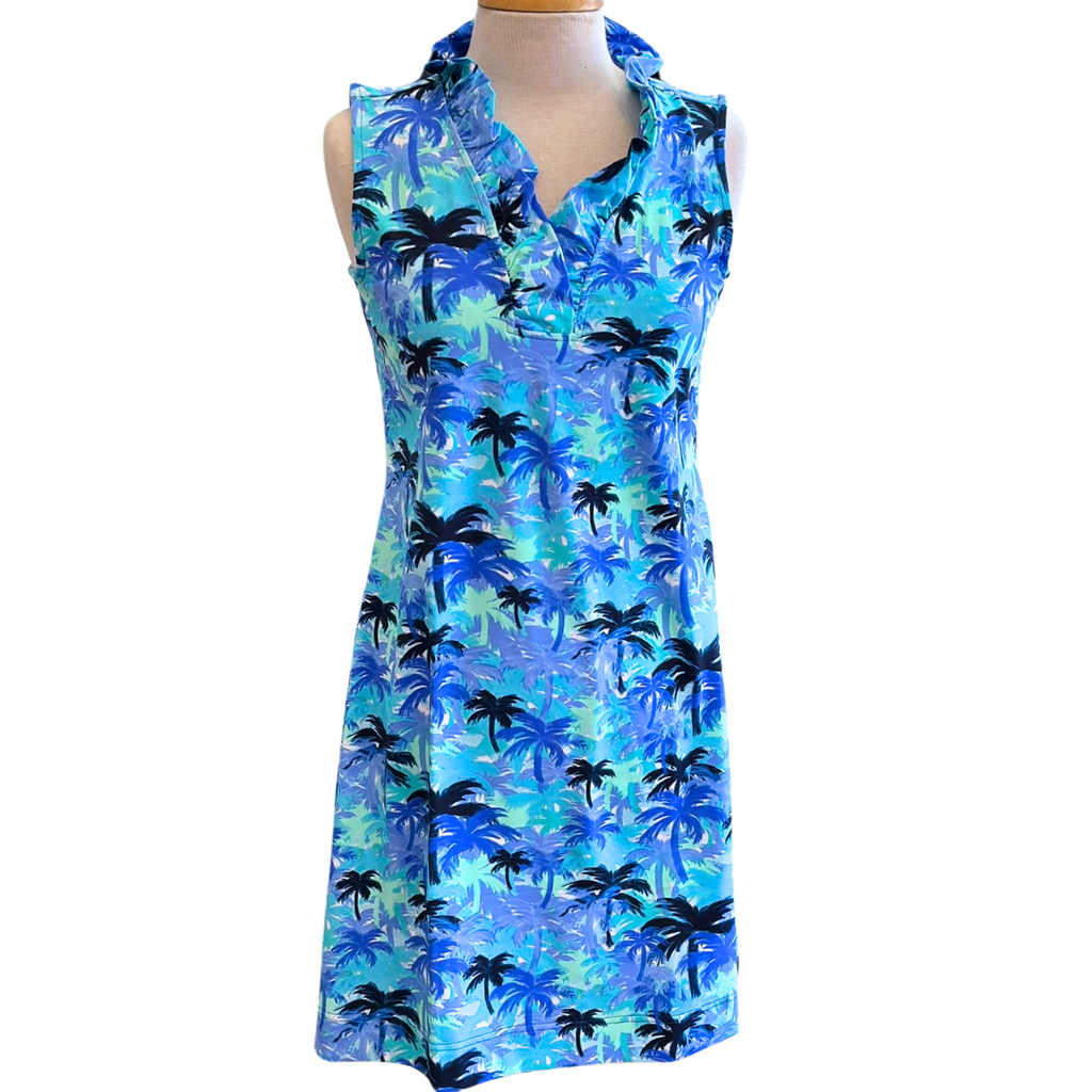 Front view of Lulu-B V-Neck Ruffle Dress – sleeveless UPF 50+ travel dress in summer print
