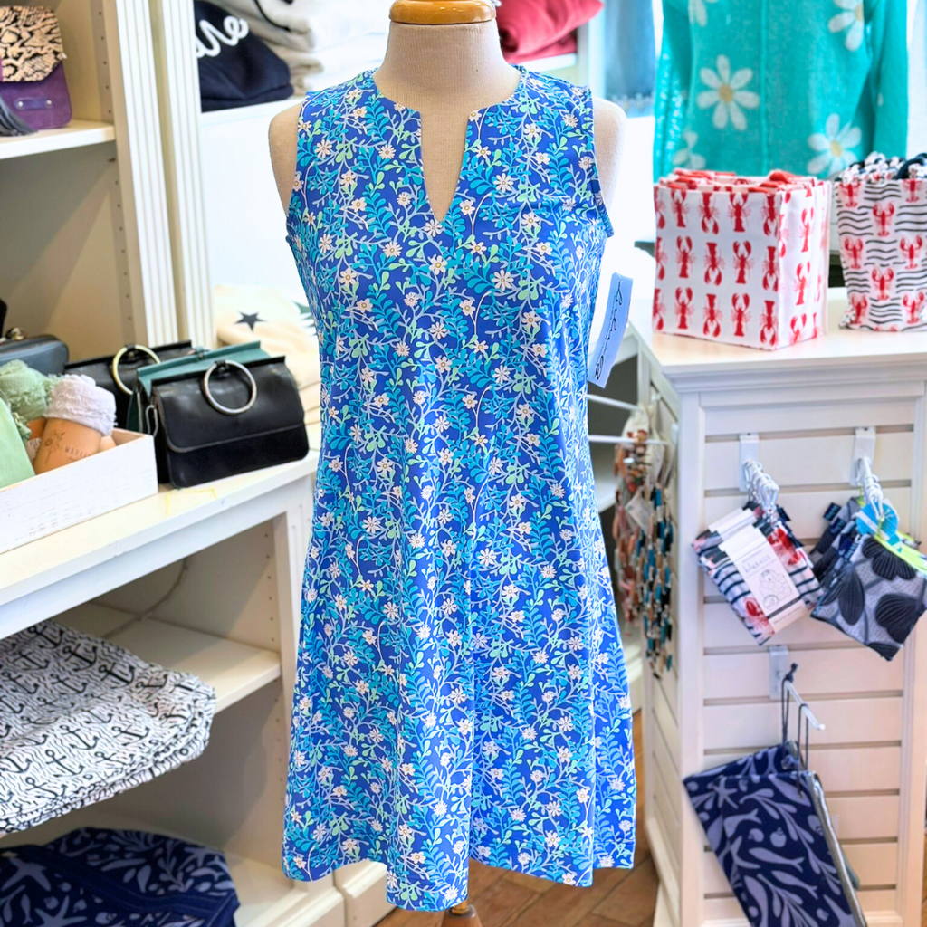 Front view of Lulu-B Sleeveless Open Cut Dress – lightweight UPF 50+ summer travel dress in the pattern SBDY