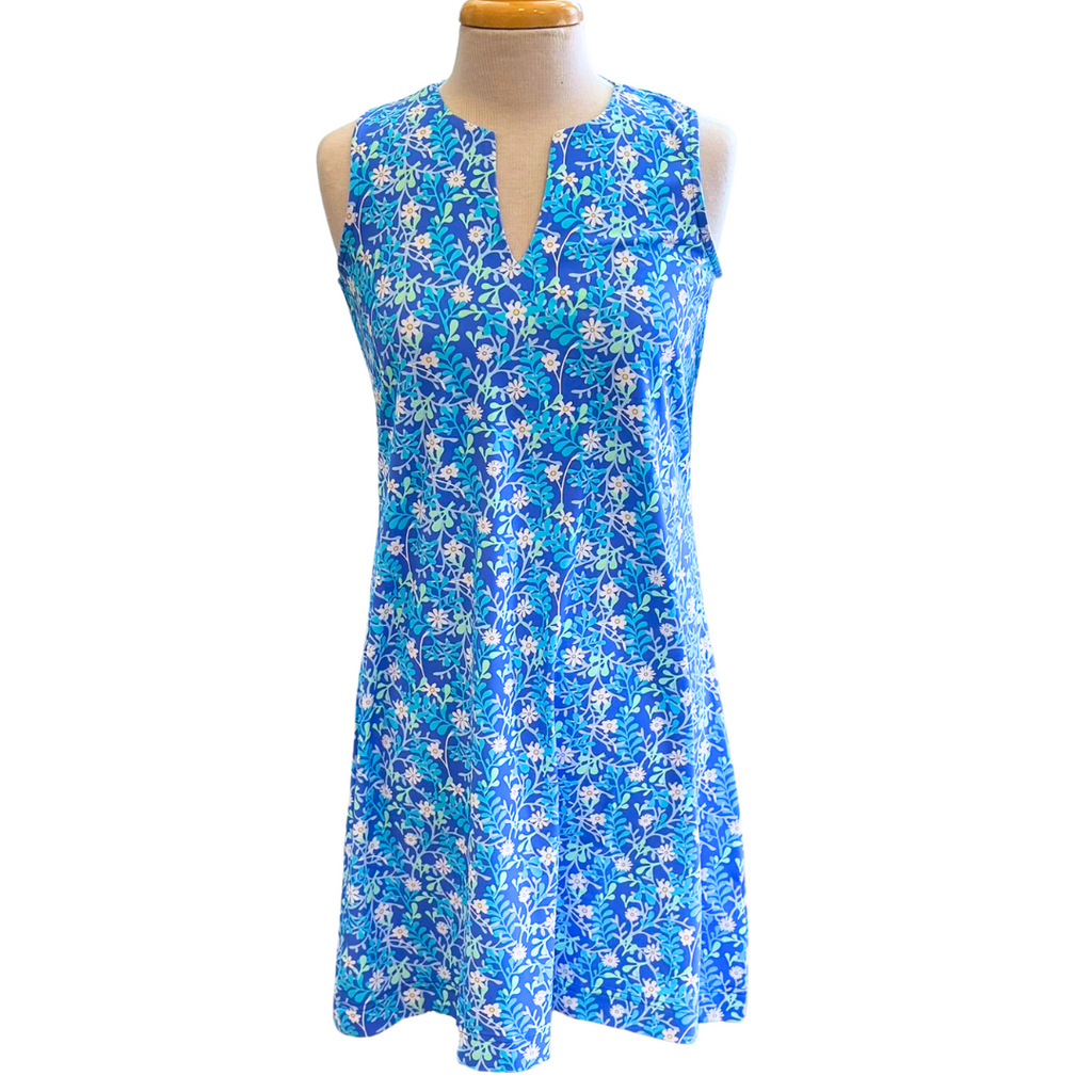 Front view of Lulu-B Sleeveless Open Cut Dress – lightweight UPF 50+ summer travel dress in the pattern SBDY