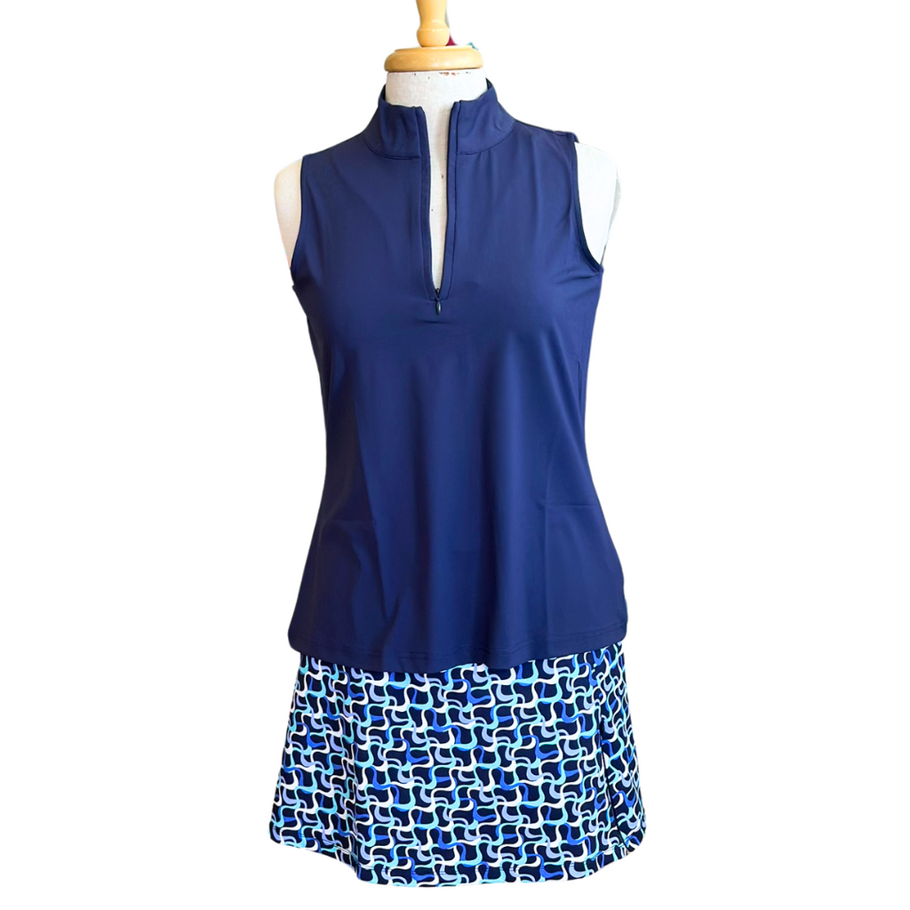 Lulu-B Sleeveless Zip Tank with UPF 50+ protection, zip neckline, and fitted sleeveless silhouette – perfect for sunny days, travel, and golf. In the color Navy.