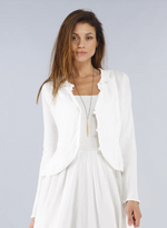 Front view of Barcelona Jacket showing button closure in White