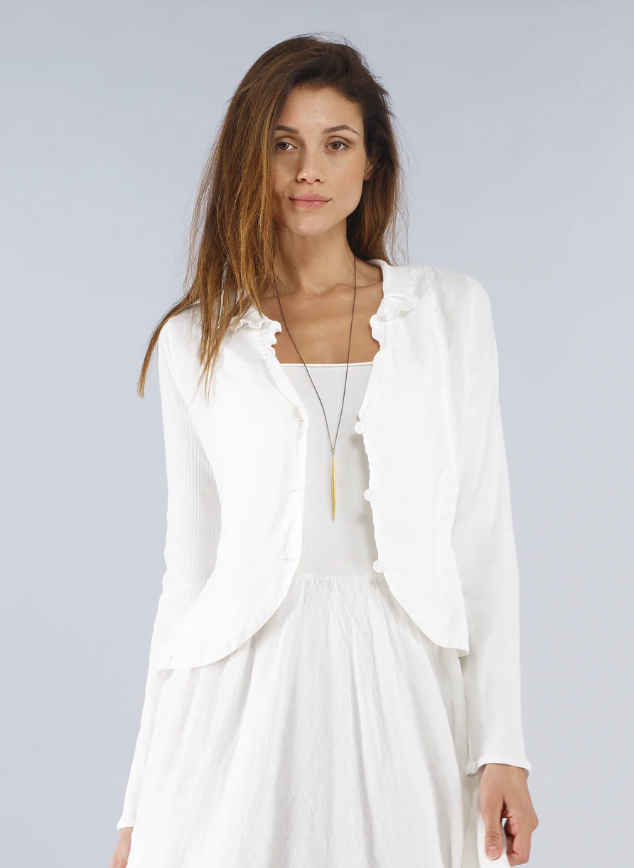 Front view of Barcelona Jacket showing button closure in White