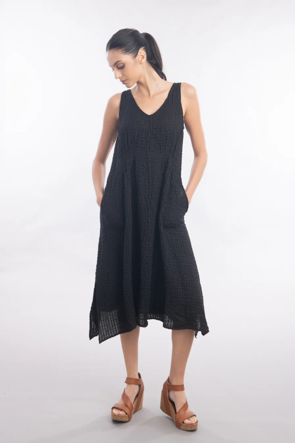 San Marco Sundress front view showing V-neck and pleats