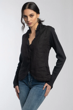 Front view of Barcelona Jacket showing button closure Black