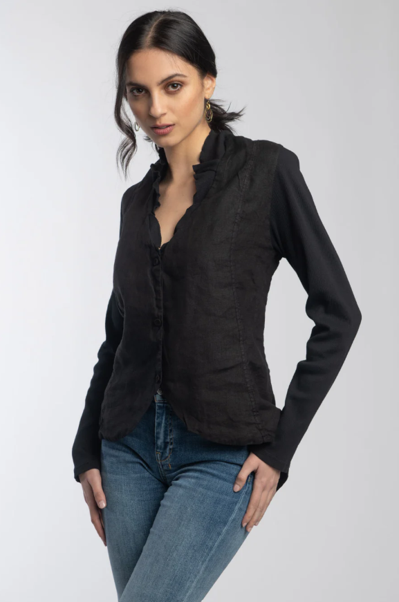 Front view of Barcelona Jacket showing button closure Black