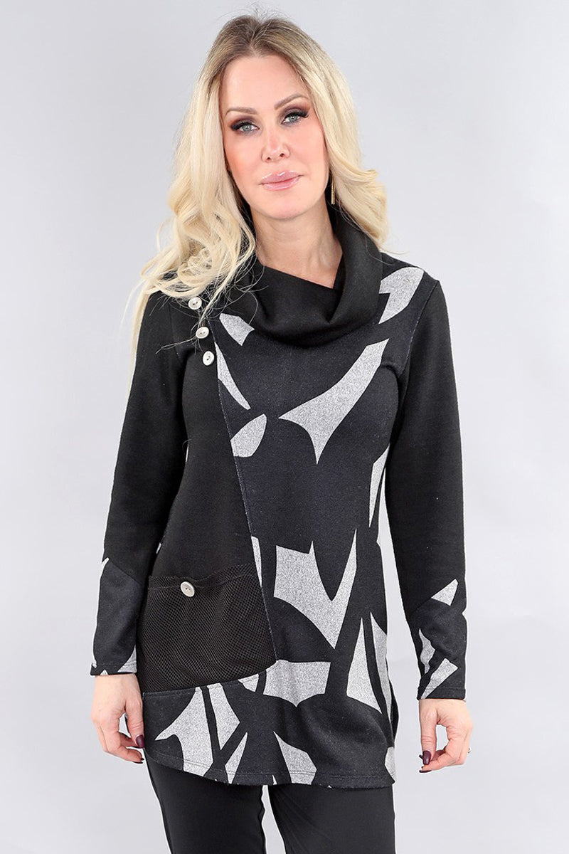 Michael Tyler abstract print cowl neck top in black and white on hanger