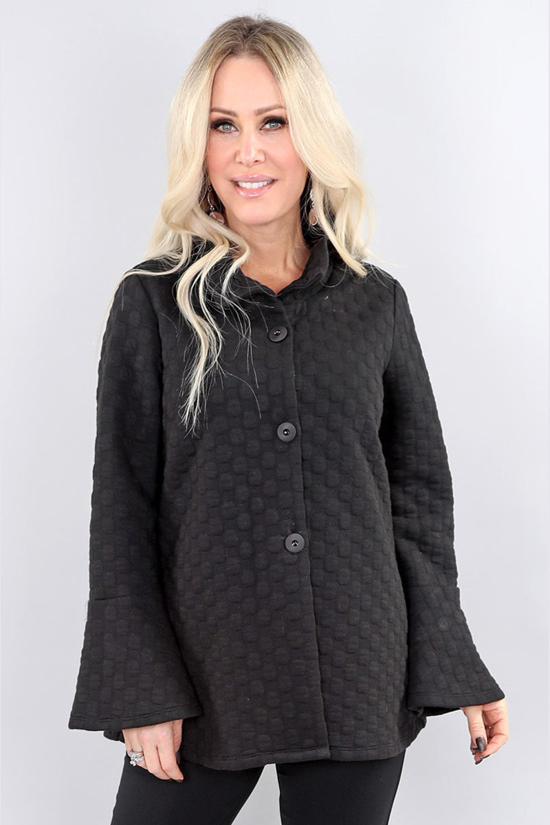 Black quilted knit wired collar jacket by Michael Tyler
