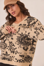 Cozy fall sweater with floral knit design and soft plush fabric
