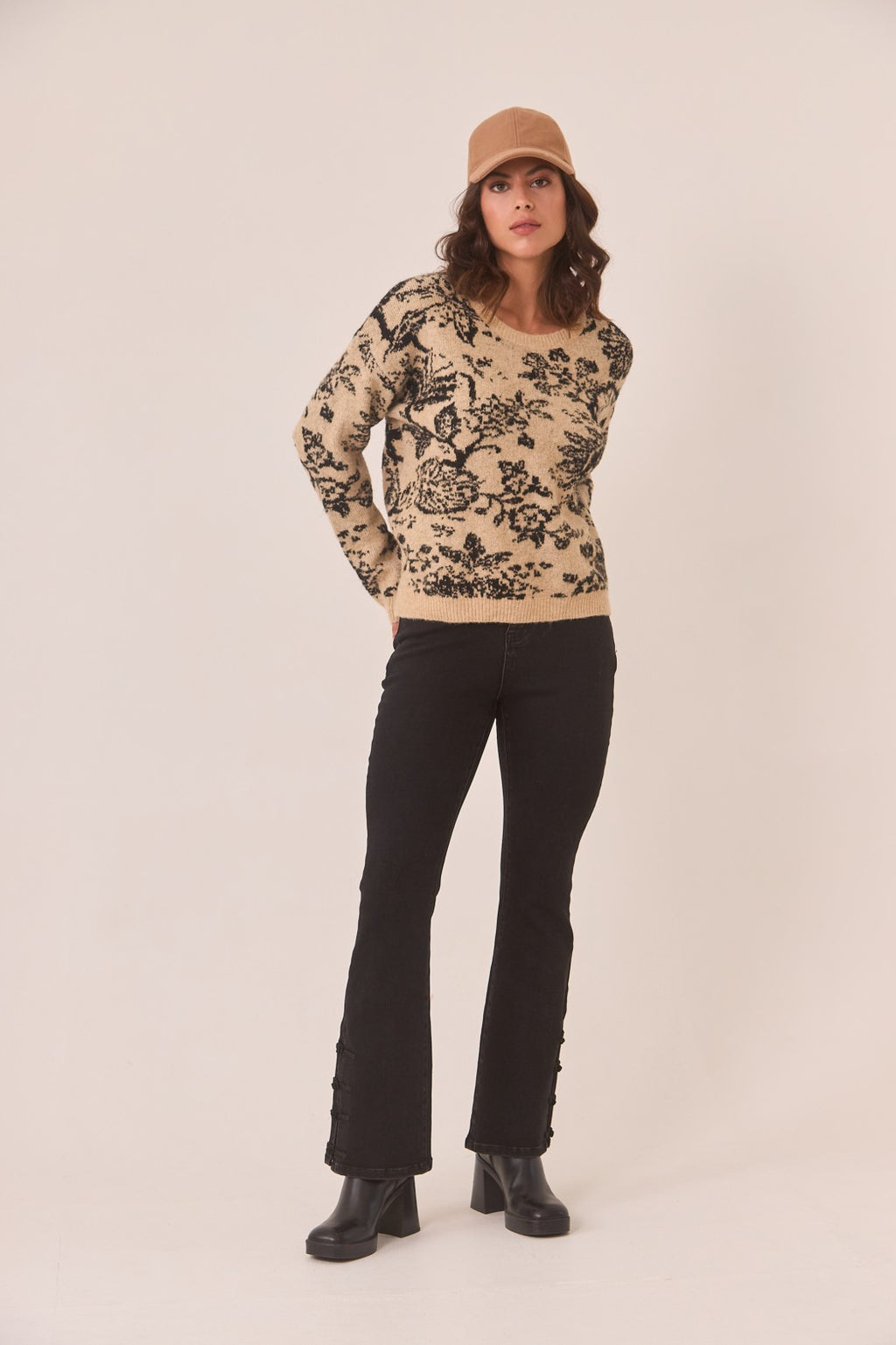 Nekane NKN floral jacquard sweater with camel base and black knit pattern