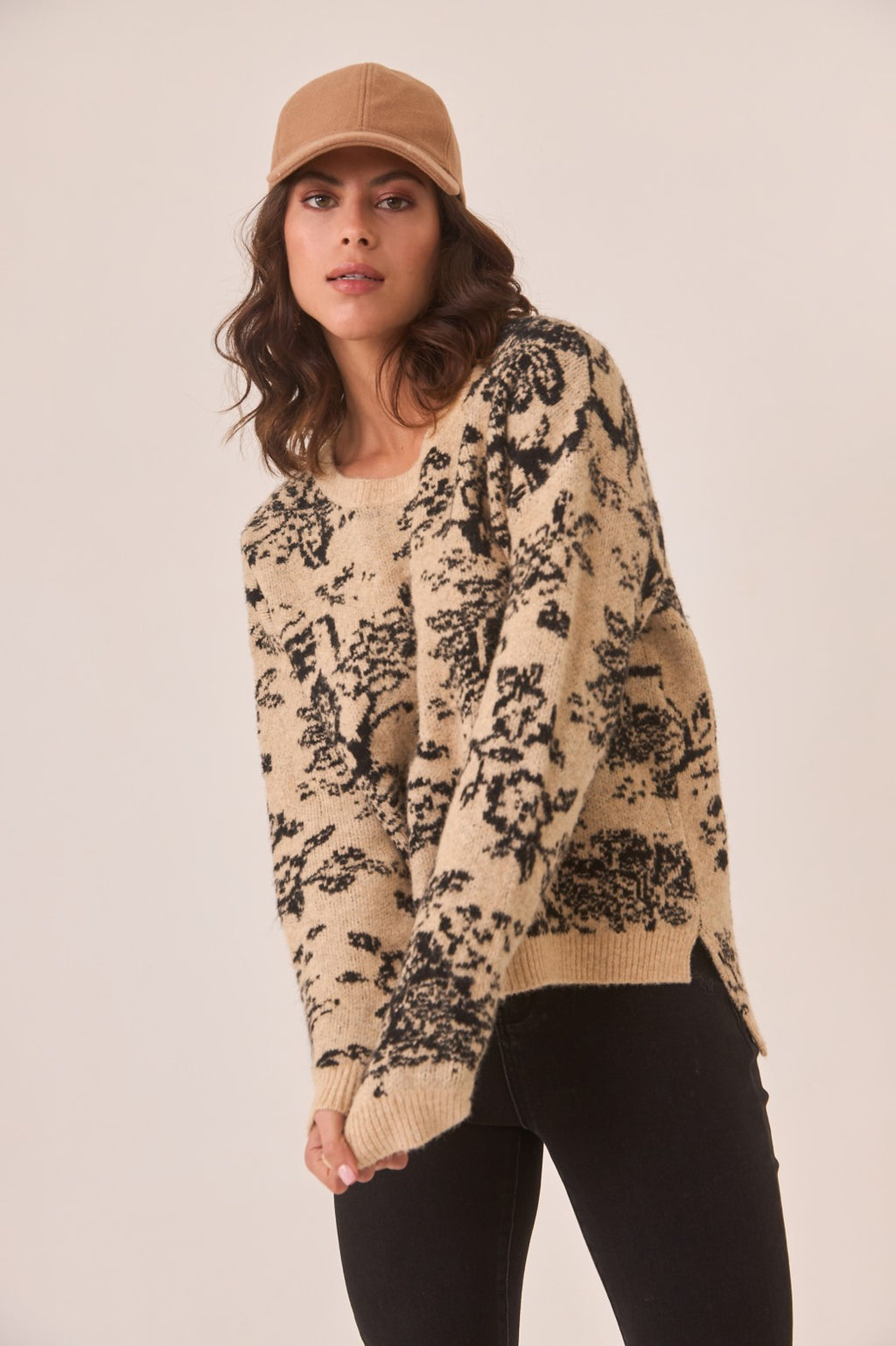Nekane NKN floral jacquard sweater with camel base and black knit pattern