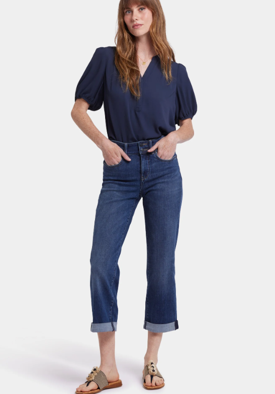 Front view of NYDJ Bailey Relaxed Straight Crop Jeans in dark wash Asturia Shore