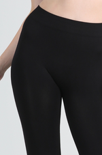 Close-up of ankle length jersey knit leggings in black from The Lazy Daisy