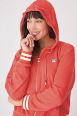 Model wearing PJ Salvage American Honey Hoodie zip-up