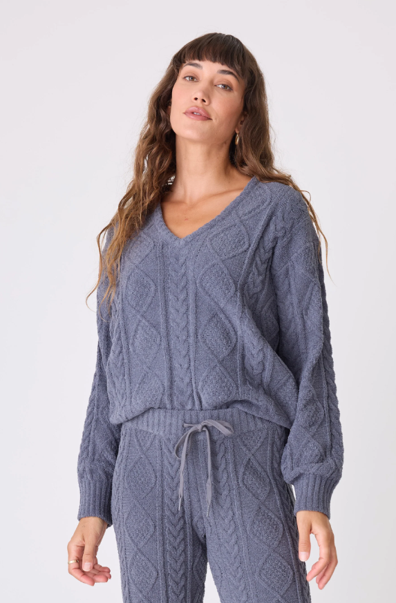 PJ Salvage Chenille Cozy Cable V-Neck Sweater Charcoal