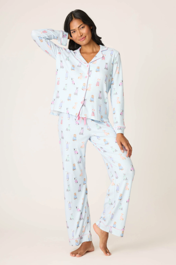 Women’s light blue pajama set with playful winter dog print.