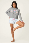 Grey fuzzy-knit hoodie featuring multicolor Sweater Weather text.