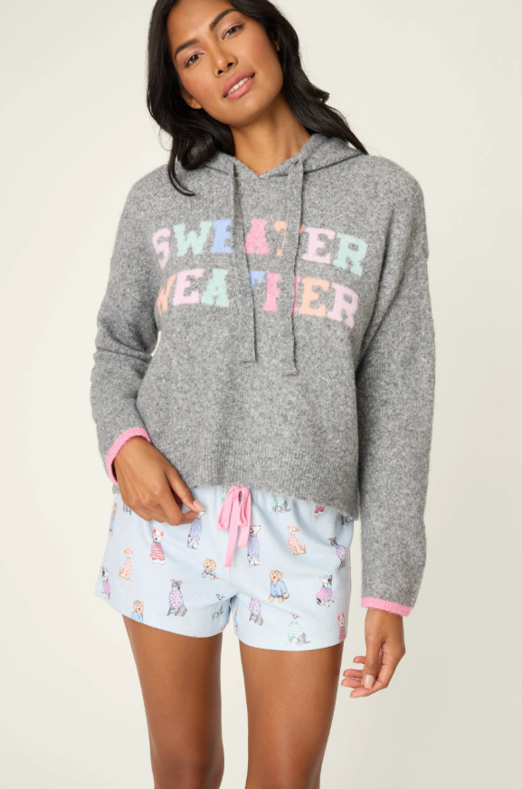 Women’s heather grey snuggle hoodie with colorful “Sweater Weather” graphic.