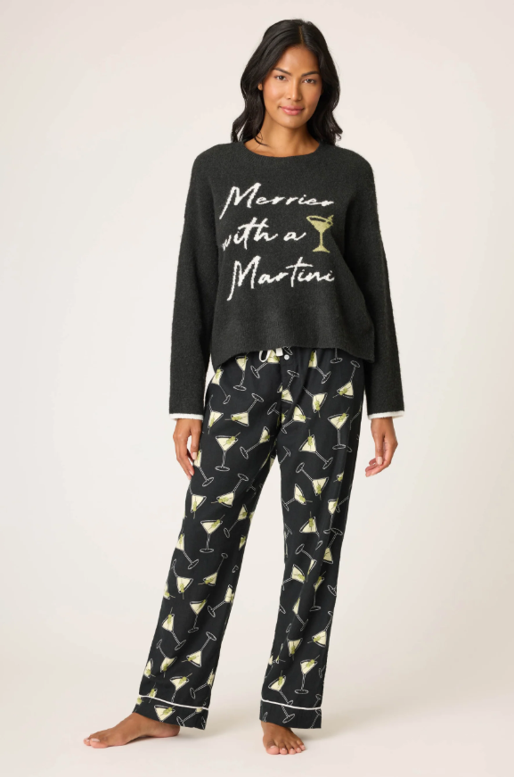 PJ Salvage snuggle sweater with white martini-themed front graphic.