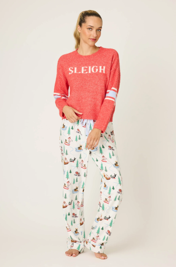 Front view of PJ Salvage red Sleigh Snuggle Sweater with varsity-style sleeve stripes.