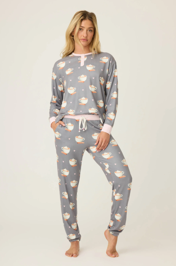 Love You A Latte Coffee Print PJ Set with latte cup and heart pattern.