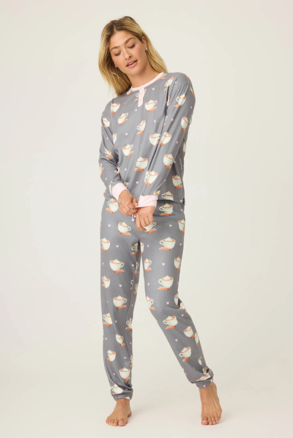 Love You A Latte Coffee Print PJ Set with latte cup and heart pattern.