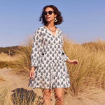 Makena Navy Cotton Tiered Dress with v-neck and tassel ties – Rock Flower Paper